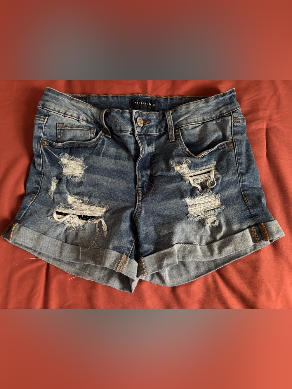 Aeropostale Ripped Cuffed Denim Shorts - Blue
